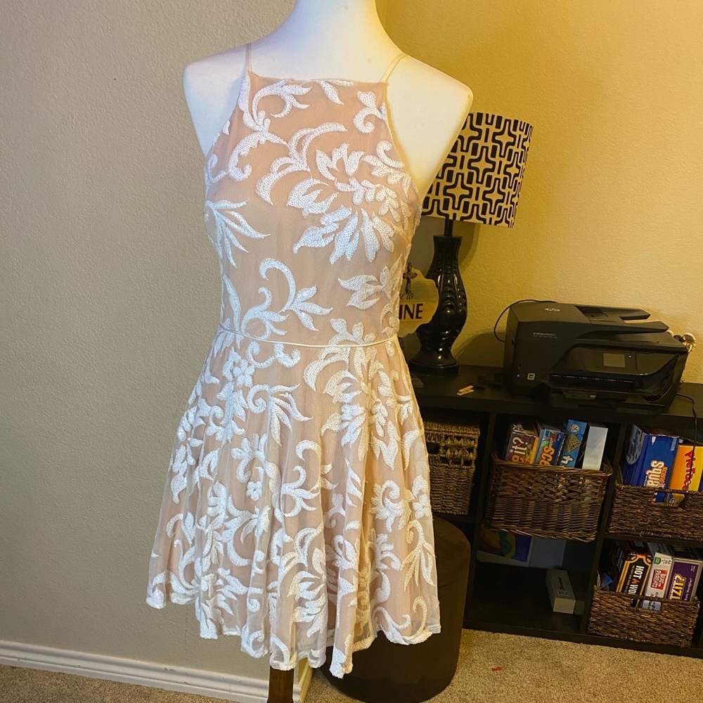 Nude and white flower sequined skater dress